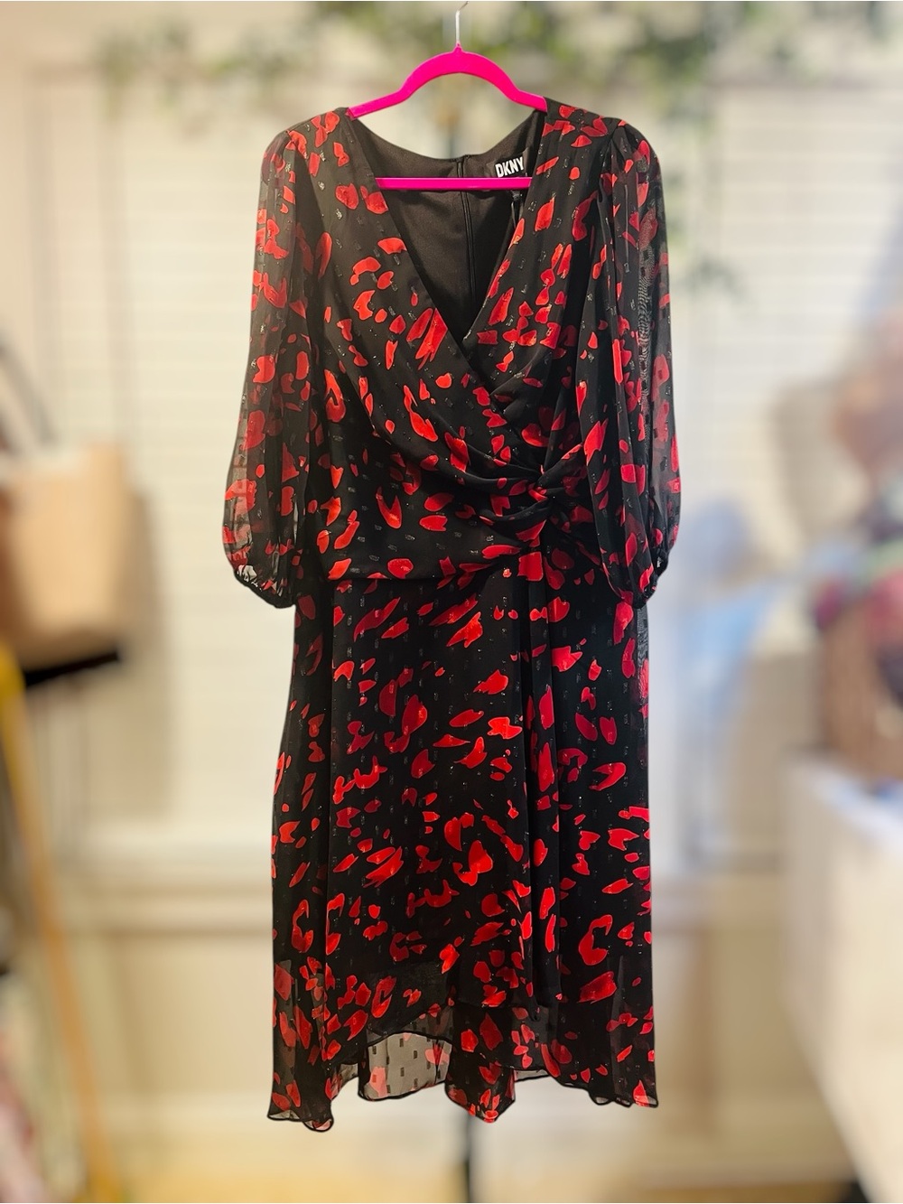 DKNY Black Midi Dress with Red Abstract Print and metallic accents